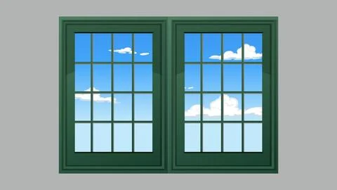 Green Double Window Frame with Blue Sky and Clouds View Stock Illustration