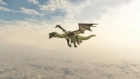 Green Dragon Flying through the Clouds Stock Illustration