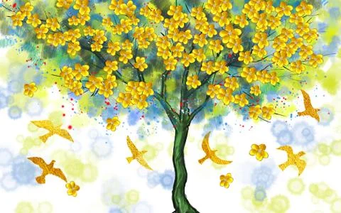 Green drawn tree with yellow flowers on a spotty background, golden birds Stock Illustration