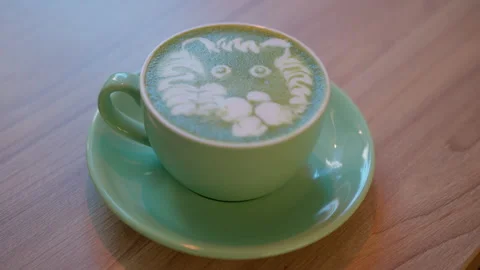 A green drink with a lion muzzle froth art. Stock Footage 263564326