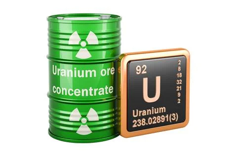 Green drums full of uranium ore with chemical element icon uranium U, 3D re.. Stock Illustration