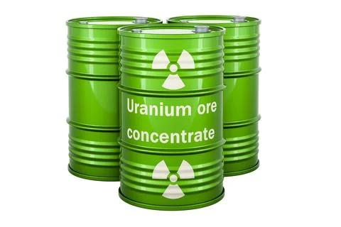 Green drums with uranium ore concentrates, 3D rendering isolated Stock Illustration
