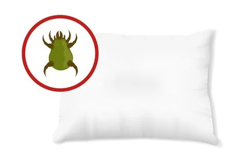Green dust mite on pillow vector illustration. Microscopic dangerous insect Stock Illustration
