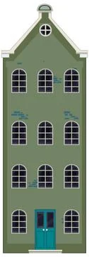 Green Dutch Canal House Vector Illustration with Arched Windows Stock Illustration