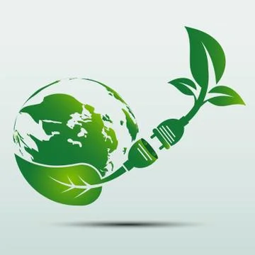 Green earth Concept Power plug leaves ecology emblem or logo,Vector illustrat Stock Illustration