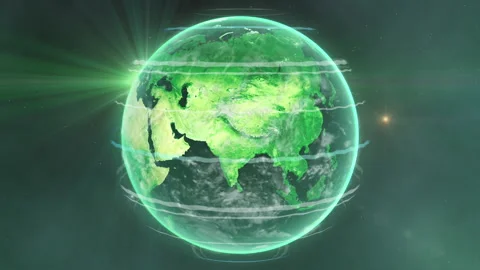 Green earth rotating globe energy connection network. Matrix radio waves Stock Footage 141921035