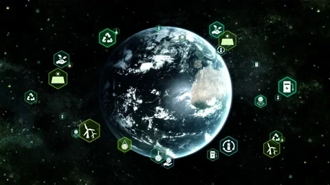 Green Earth in Space and Orbiting Ecology Infographic Icons Loop Background Stock Footage 202187374