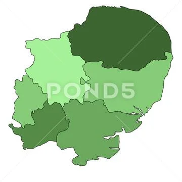 Green East of England administrative and political map. uk, United ...