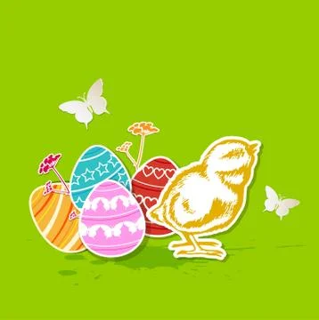 Green Easter background with chicken Stock Illustration
