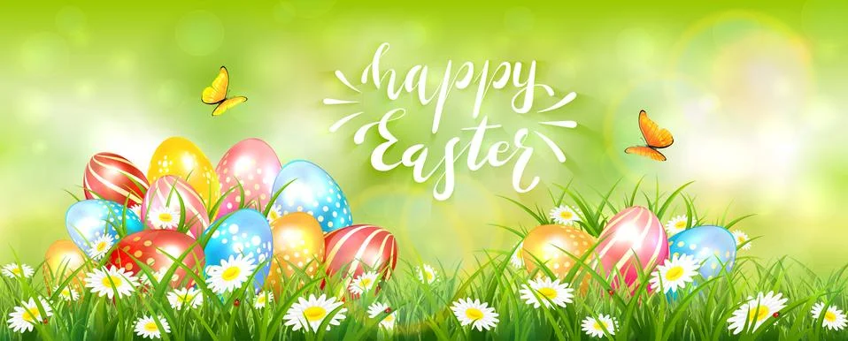 Green Easter Background with Colorful Eggs Stock Illustration