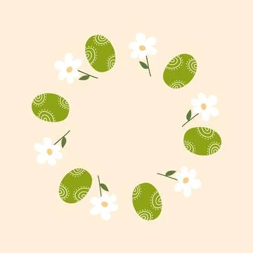 Green Easter eggs with swirl pattern arranged in a daisy wreath. Cute hand drawn Illustrazione stock