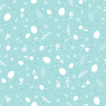 Green Easter seamless pattern with white flowers, Easter eggs and branches Stock Illustration