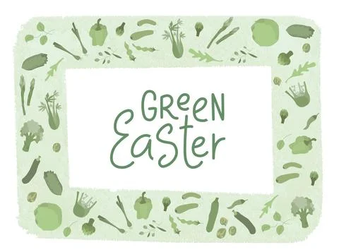 Green Easter sign with green vegetables frame. Handwritten lettering fresh font Stock Illustration