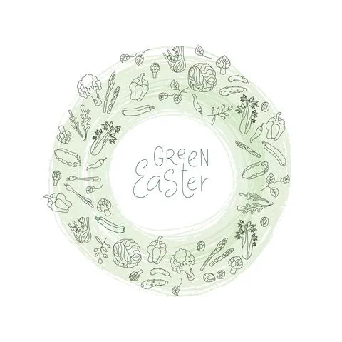 Green Easter sign with green vegetables frame. Handwritten lettering fresh font Stock Illustration