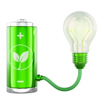 Green eco battery connected to a light bulb, sustainable energy storage and.. Stock Illustration