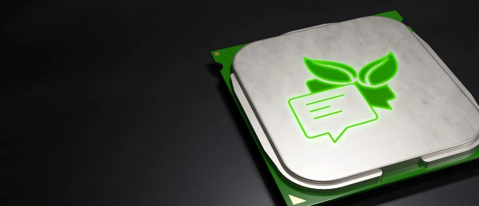 Green eco message on a CPU Microchip minimalist banner 3D Render Stock Illustration