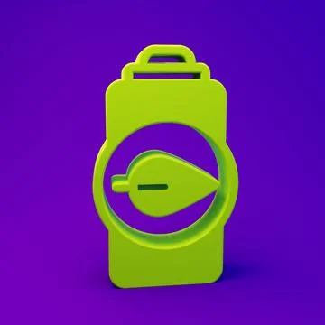 Green Eco nature leaf and battery icon isolated on purple-blue background. .. Stock Illustration