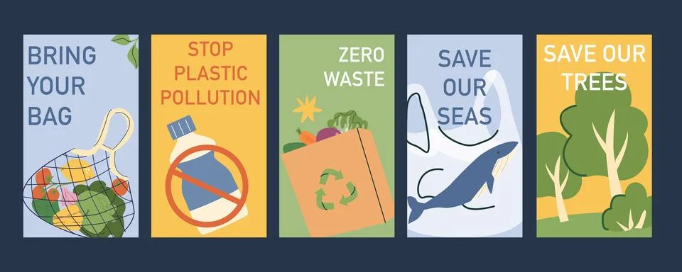 Green eco posters set. Zero waste, stop plastic, save sees, trees, bring your Stock Illustration