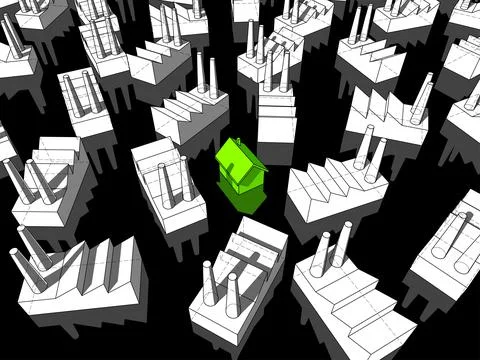 Green ecological house surrounded by many factories Stock Illustration