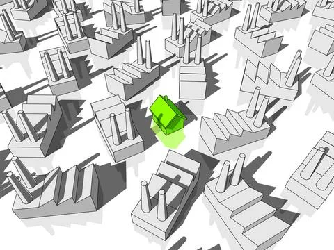 Green ?ecological? house surrounded by many factories green ?ecological? h... Stock Photos