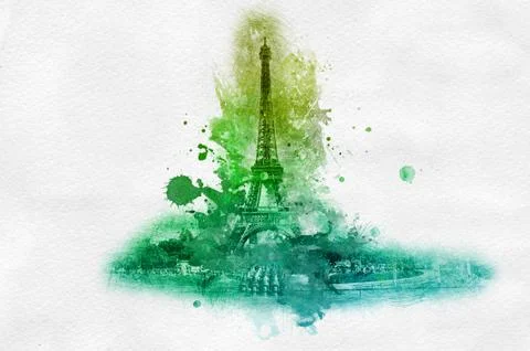 Green Eiffel tower splatter paint graphic Stock Illustration