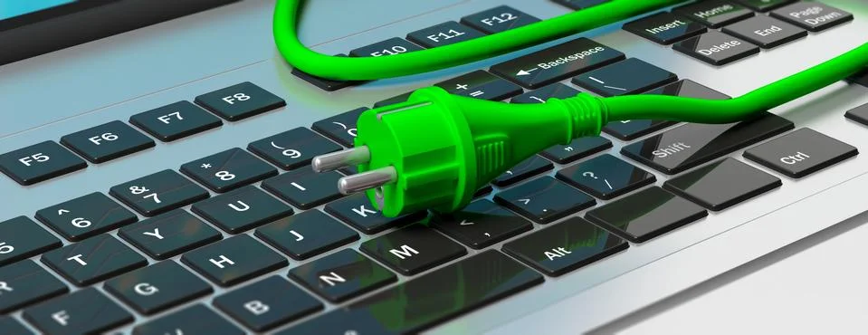 Green electric power plug on computer laptop, banner. 3d illustration Stock Illustration