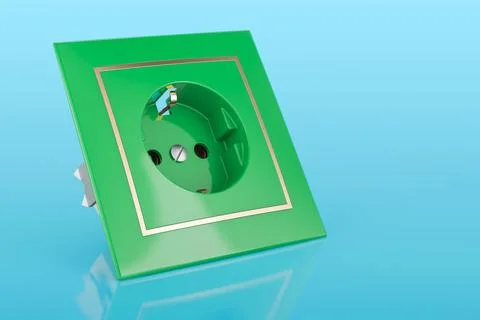 Green electric socket on blue background, 3D rendering Stock Illustration