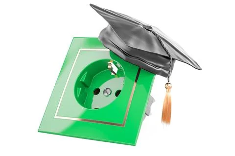 Green electric socket with education hat, 3D rendering Illustrazione stock