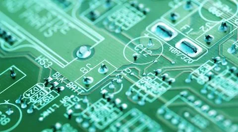 Green electronic circuit board with copy space. Фото