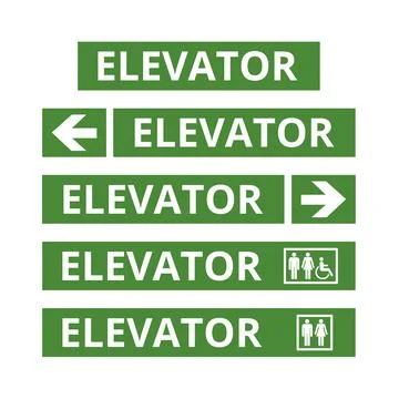 Green elevator signs with directional arrows on a white background Illustrazione stock