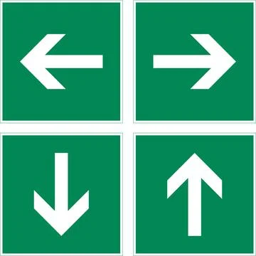 Green emergency exit direction arrow sign set, safety assembly point symbol Stock Illustration