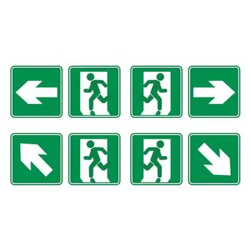 Green Emergency Exit Signs. Vector Icons. Man Running to Door Left, Right, .. Stock Illustration