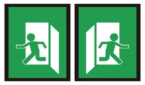 Green emergency exit sticker showing a running figure through an open door .. Stock Illustration