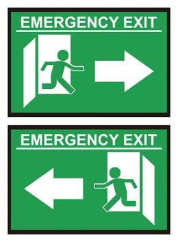 Green emergency exit stickers with directional arrows and running figure ic.. Ilustración de archivo
