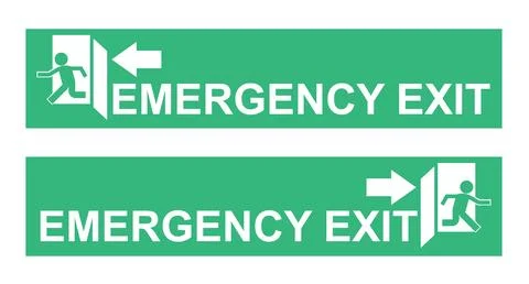 Green emergency exit stickers featuring white icons and clear directional a.. Ilustración de archivo