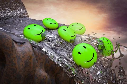 Green emojis fall from a waterfall at sunset magenta day demonstrating custom Stock Illustration