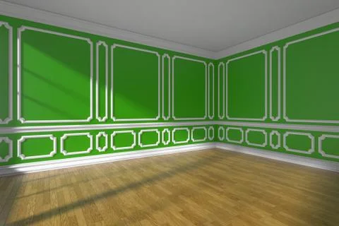 Green empty room with molding and parquet floor. Stock Illustration