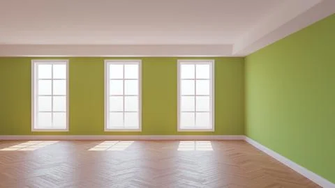 Green Empty Room with a White Ceiling and Cornice, Glossy Herringbone Parquet Illustrazione stock