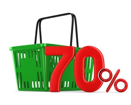 Green empty shopping basket and seventy percent on white background. Isolated Stock Illustration