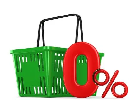 Green empty shopping basket and zero percent on white background. Isolated 3d Illustrazione stock