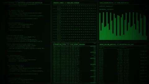 Green Encrypted Algorithm Code Execution With Memory Dump And Node Uplink Matrix 스톡 동영상 348474365