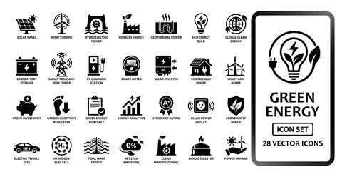 Green Energy and Sustainability solid icon set containing icons for solar p.. 스톡 일러스트