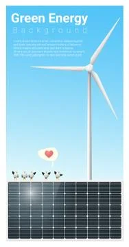 Green energy background with solar panel and wind turbine Stock Illustration