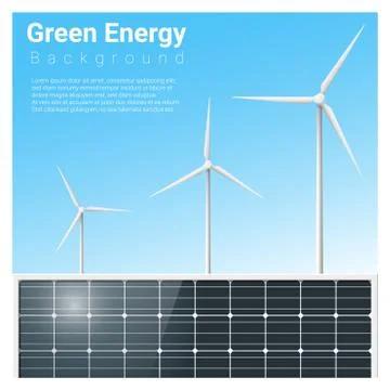 Green energy background with solar panel and wind turbine Stock Illustration