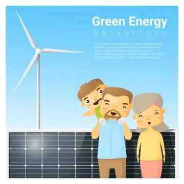 Green energy background with solar panel and wind turbine Stock Illustration