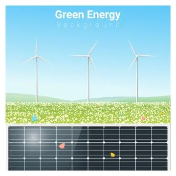 Green energy background with solar panel and wind turbine Stock Illustration
