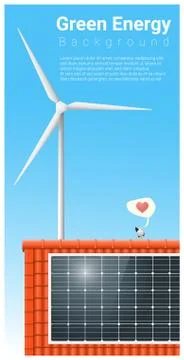 Green energy background with solar panel and wind turbine Stock Illustration