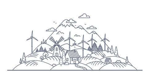 Green energy concept thin line vector illustration. Windmill and solar energy as Illustrazione stock