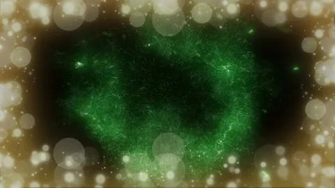 Green energy core glowing amidst golden bokeh particles floating within dark Stock Footage 345329366