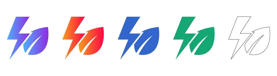 Green Energy Flash Leaf Icon Set in Gradient and Outline Stock Illustration